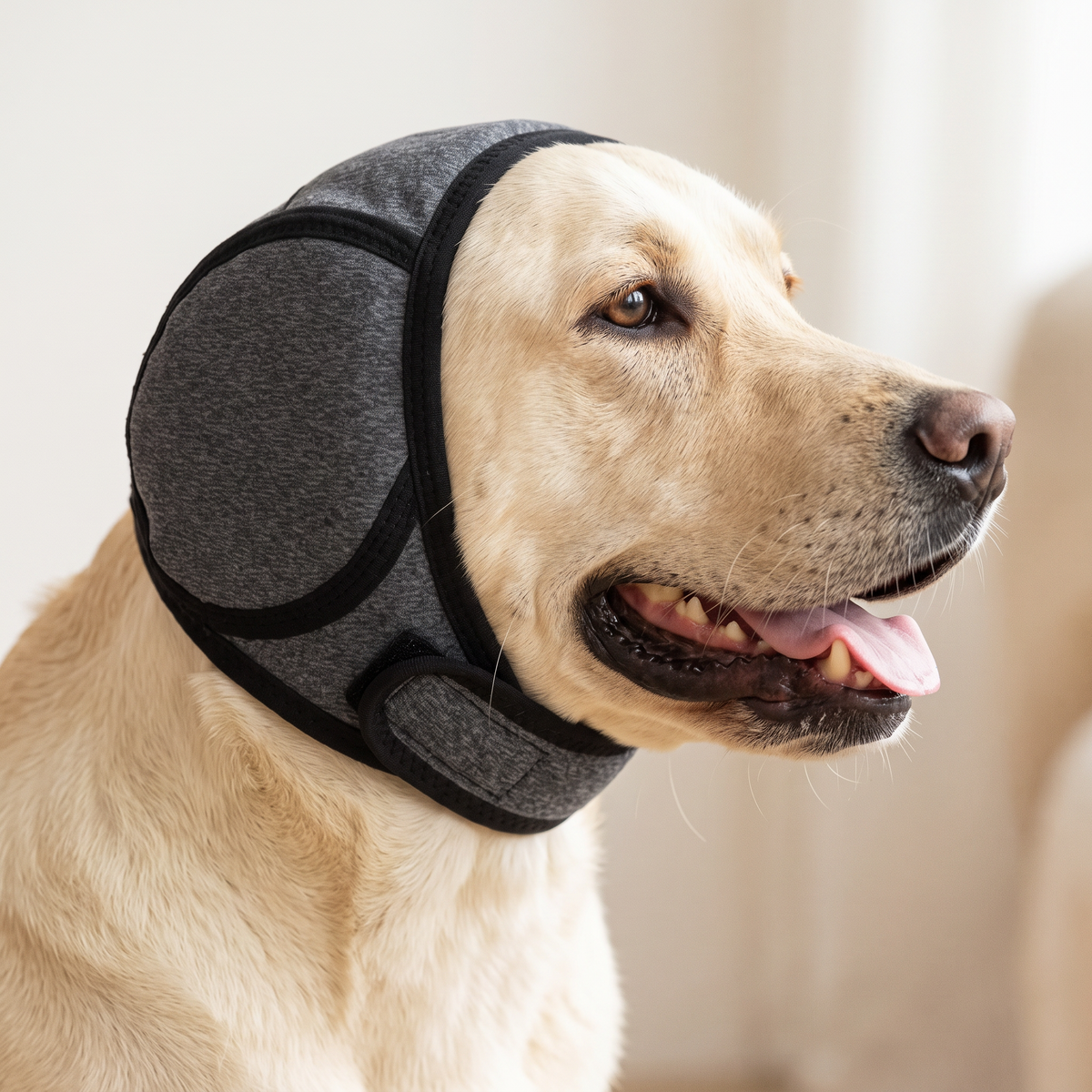 Labrador wearing a grey Paw Tones ear cover, side view
