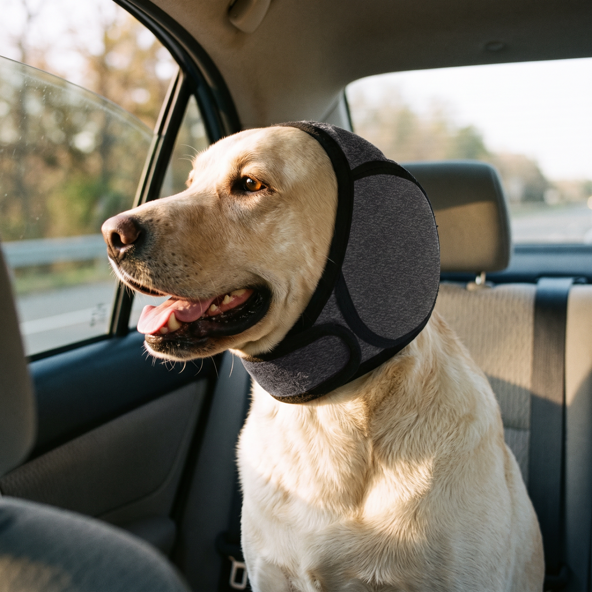 Labrador in the back seat of a car wearing a grey Paw Tones ear cover
