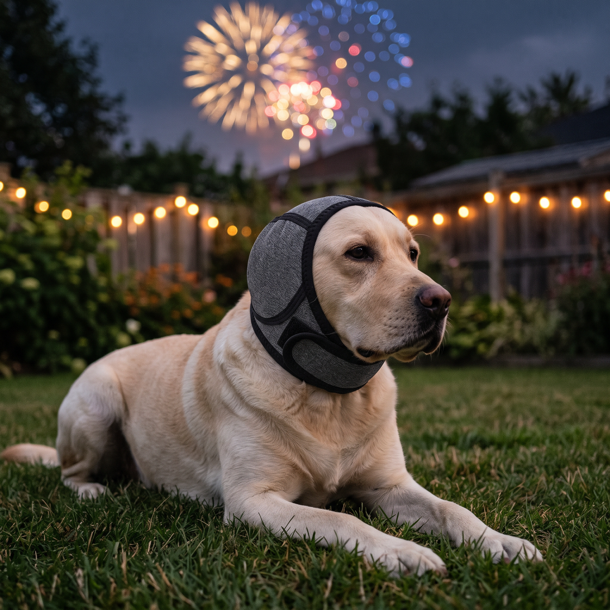 Labrador lying calmly on the lawn in a grey Paw Tones ear cover while fireworks go off behind