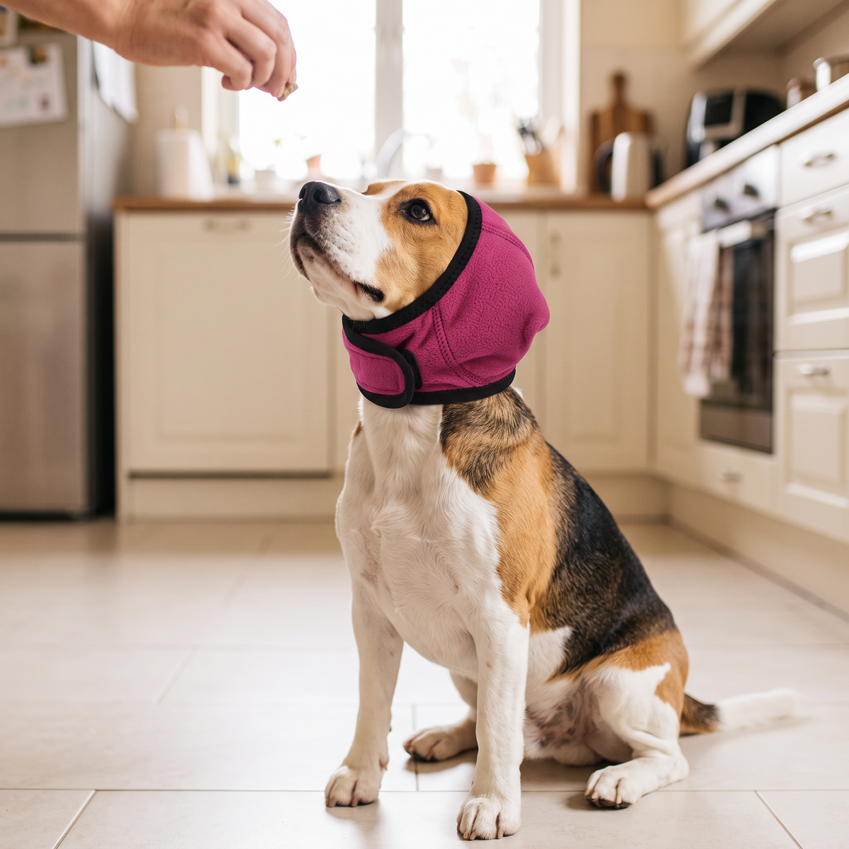 Beagle wearing a pink ear cover looking up at a treat