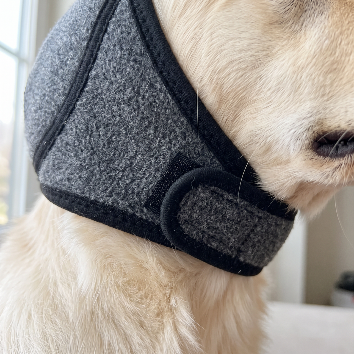 Close-up of the adjustable hook-and-loop strap on a grey Paw Tones ear cover