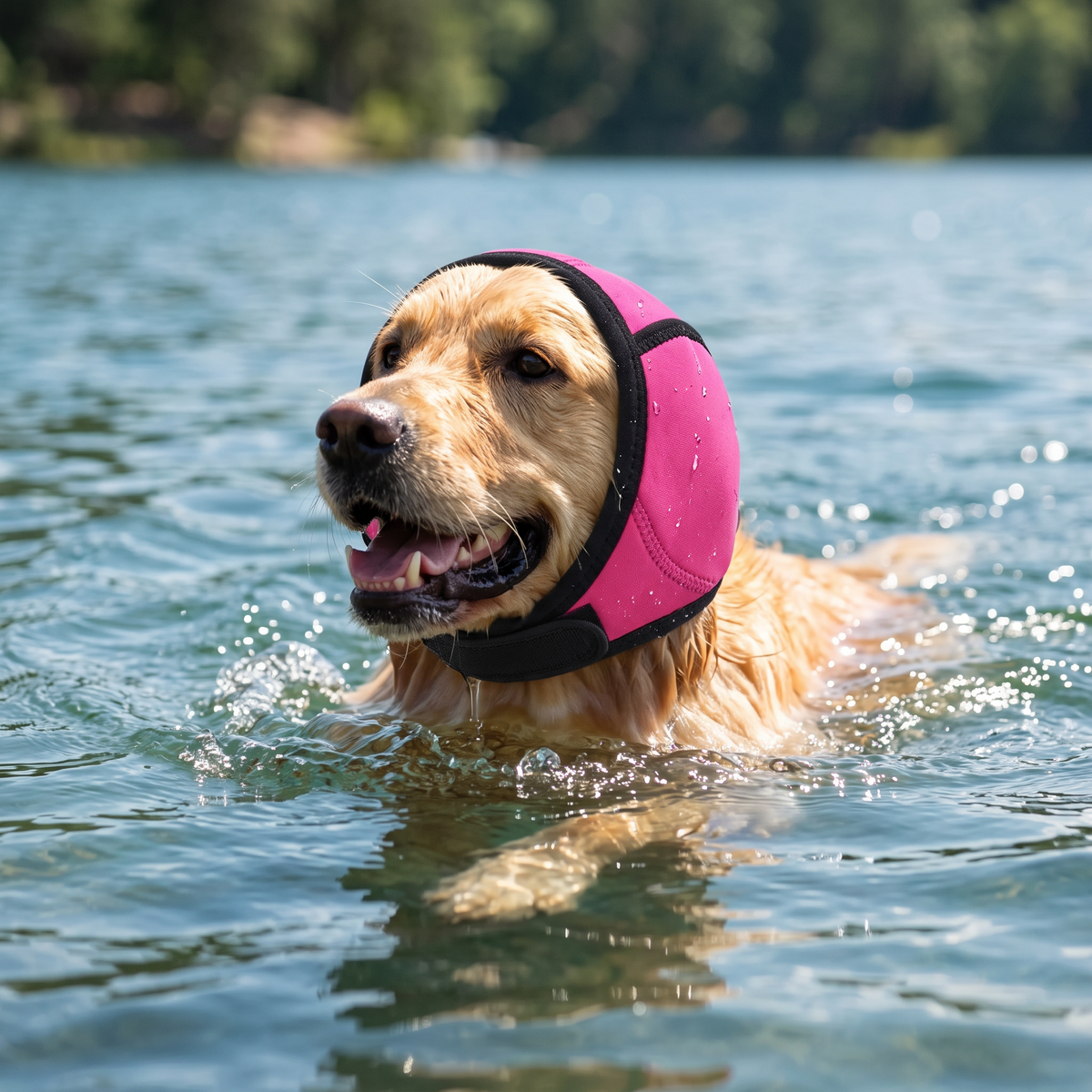 Golden retriever swimming in a lake wearing a pink Paw Tones ear cover
